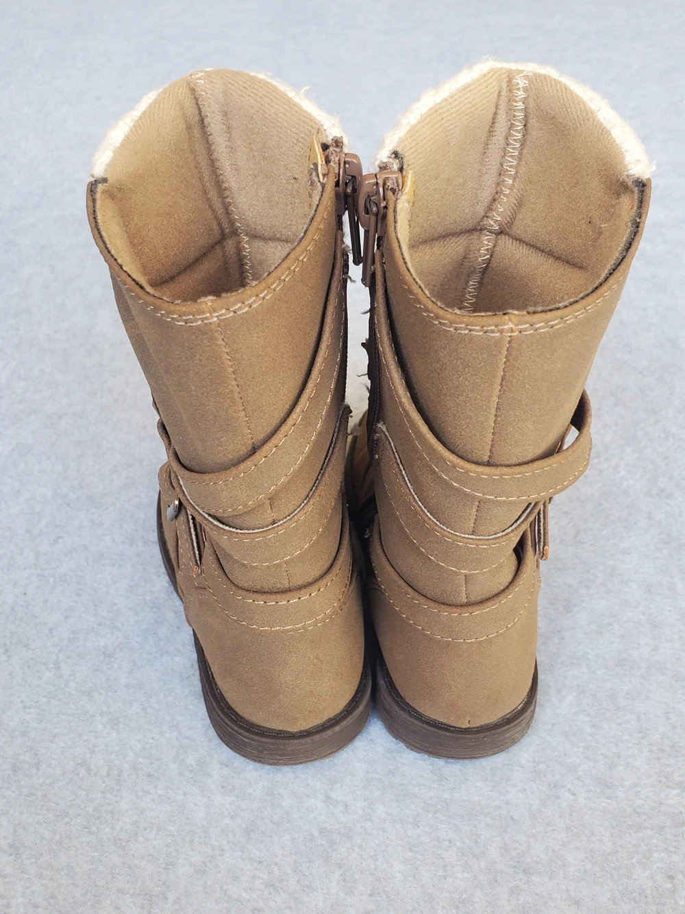 Rachel Shoes Brown Kids Boots with Cream Knit Cuff and Buckle Straps